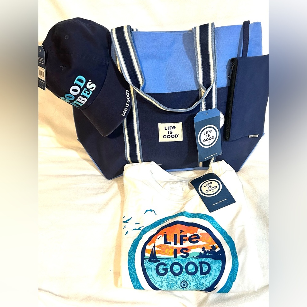 NEW…LIFE IS GOOD 4 PIECE SET..Shirt, hat, tote and small bag.